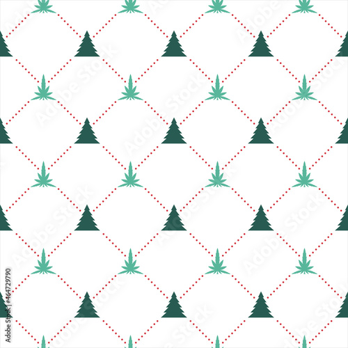 Cannabis leaf pattern and green christmas tree on a white background with red dotted lines. Seamless abstract checkerboard. Texture design for fabric, tile, cover, poster, wall. Vector illustration.