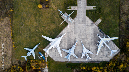 Soviet strategic heavy bombers Tupolev Tu in the parking lot at the Aviation Museum. View from the drone. photo