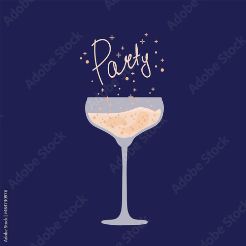 Poster with a glass of champagne. A party on the occasion of a special event with a sparkling drink. Cocktail alcoholic drinks for your design on dark. Vector illustration