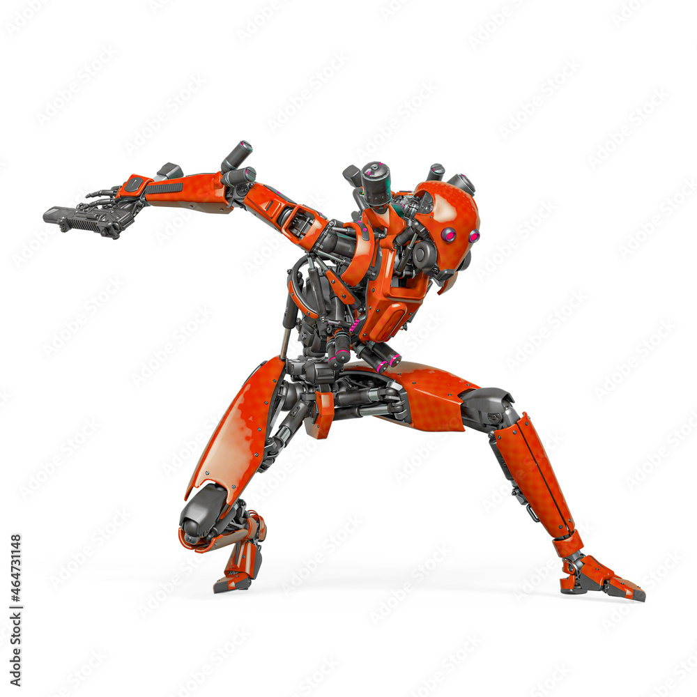 droid soldier is landing like a super hero in action and holding a pistol droid soldier is landing like a super hero in action and holding a pistol