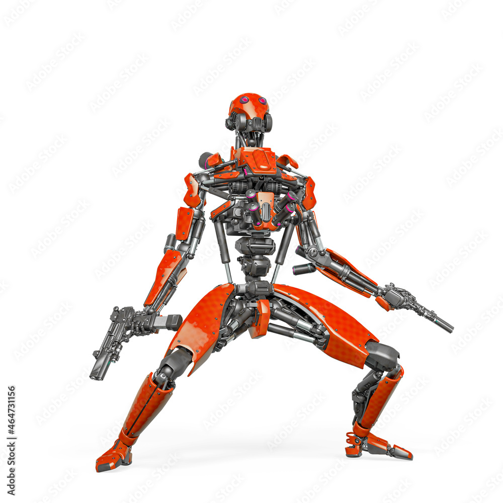 droid soldier is looking up like a super hero in action and holding a pistol droid soldier is looking up like a super hero in action and holding a pistol