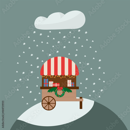 Illustration of a wooden shop on wheels on the street. Christmas market for the city New Year's sale. Decorated bench with a wreath from the Christmas tree. Vector illustration