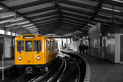 Yellow Tram,train U-Bahn transport black white color
