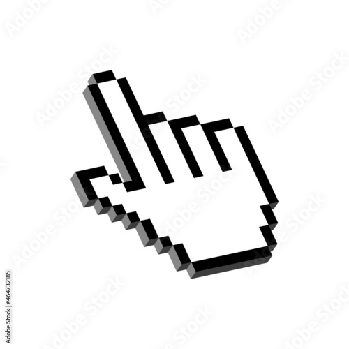 Black pixel 3d hand pointer. Digital cursor for links and selection of web actions. Online referral for information and vector connection