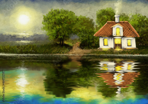 Oil paintings summer landscape, lake in the forest, house on the river