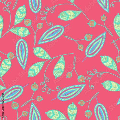 Seamless floral pattern in ethnic style. Abstract multi colored leaves on trendy background. Vector illustration 