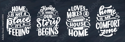 Set with hand drawn lettering quotes in modern calligraphy style about Home. Slogans for print and poster design. Vector © Artlana