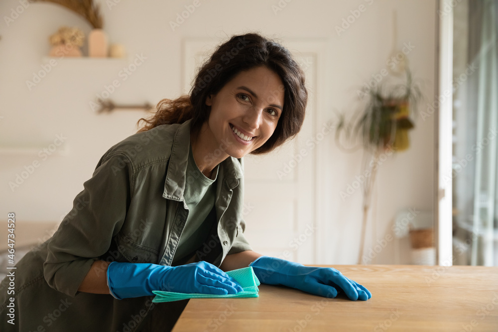 Portrait of professional cleaning worker, maid, janitor enjoying work, washing furniture in apartment, looking at camera and smiling. Happy housewife wearing blue rubber gloves, dusting tabletop Portrait of professional cleaning worker, maid, janitor enjoying work, washing furniture in apartment, looking at camera and smiling. Happy housewife wearing blue rubber gloves, dusting tabletop