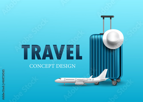 The plane was parked in front. A luggage bag with a white hat is placed on top for travel concept design,vector 3d on blue background for advertising stimulate tourism,vector virtual template