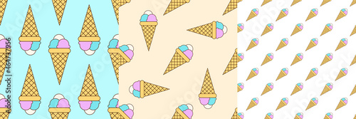 Set of seamless patterns with ice cream balls in cones background. Concept of entertainment, cafe, candy shop