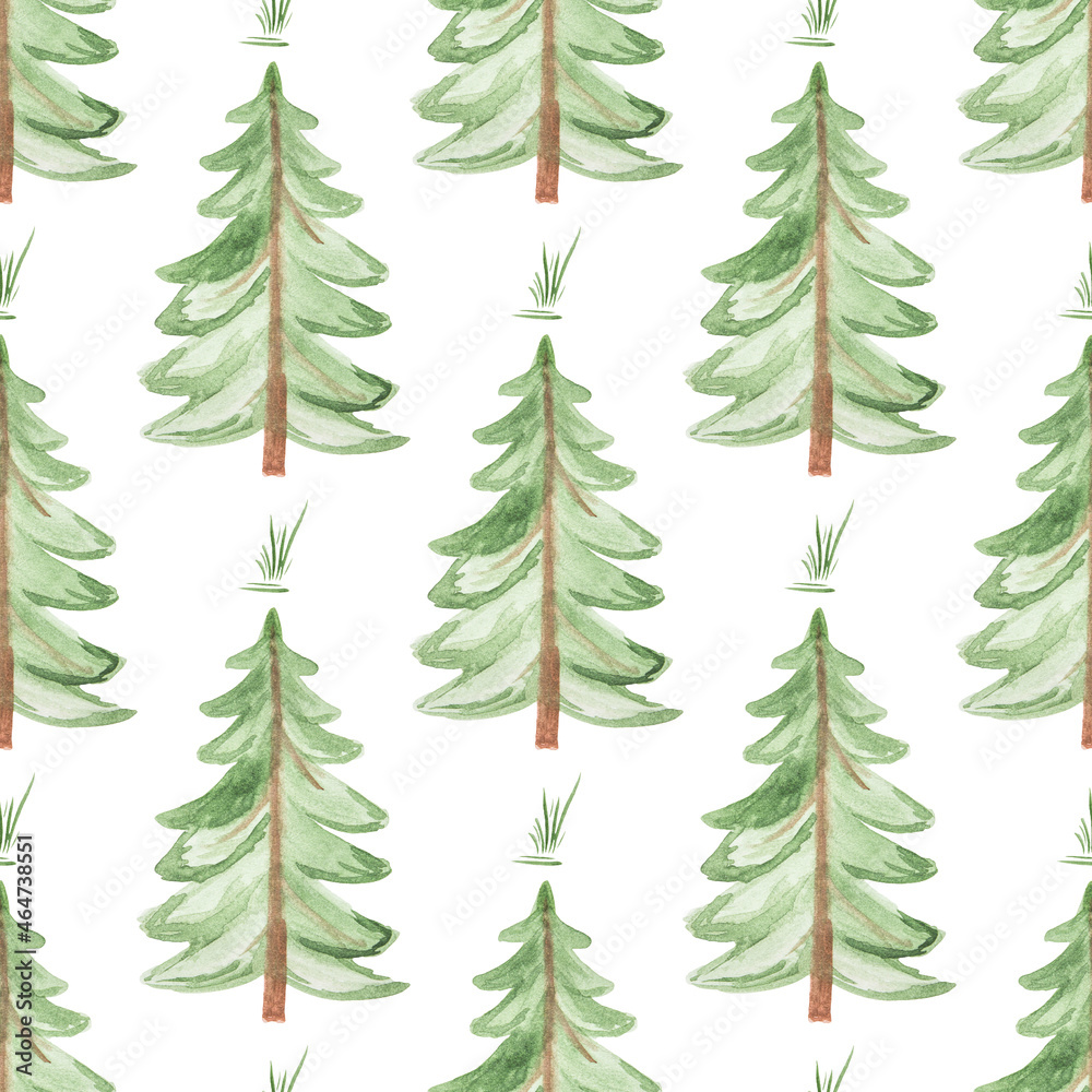 Seamless pattern with hand-drawn watercolor green Christmas tree and grass on white background. Print for textiles, postcards, etc.