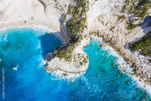 Top down aerial view of Kalamitsi rocky beach, Ionian Sea, Lefkada island, Greece