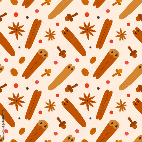 Various spices pattern, cinnamon rolls, anise star and clove seasoning, hand drawn doodle illustration, seamless vector background with cooking ingredients, good as wrapping paper design