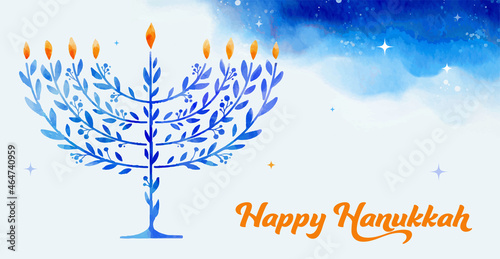 Happy Hanukkah, vector watercolor illustration, banner design. Traditional jewish holiday greeting card with menorah and dreidels