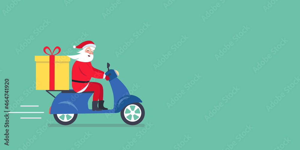 Fototapeta premium Online fast Christmas gift delivery by motor scooter. Santa Claus riding a scooter with a delivery gift box. Vector illustration