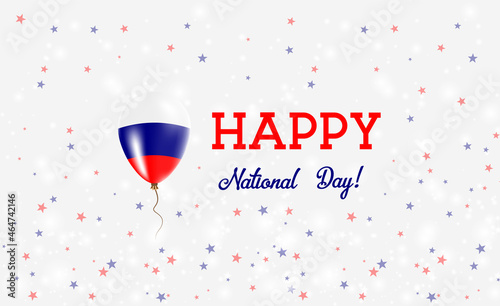 Russia National Day patriotic poster. Flying Rubber Balloon in Colors of the Russian Flag. Russia National Day background with Balloon, Confetti, Stars, Bokeh and Sparkles.