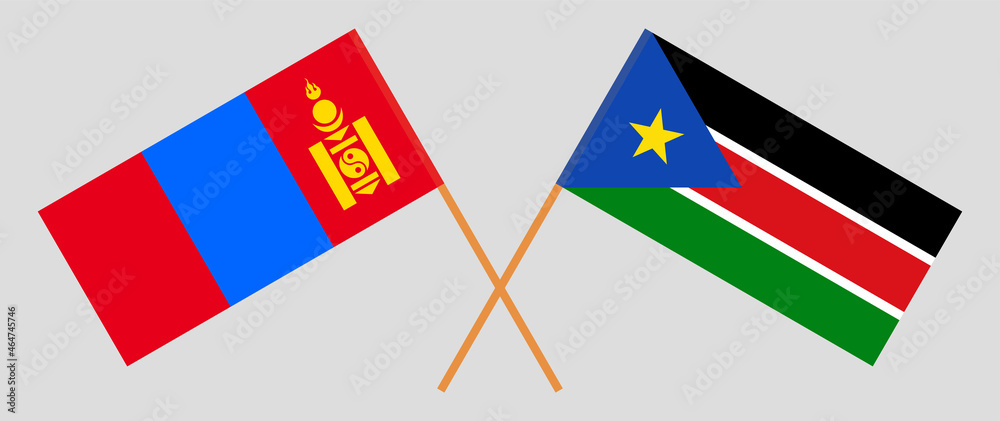 Crossed flags of Mongolia and South Sudan. Official colors. Correct proportion Crossed flags of Mongolia and South Sudan. Official colors. Correct proportion