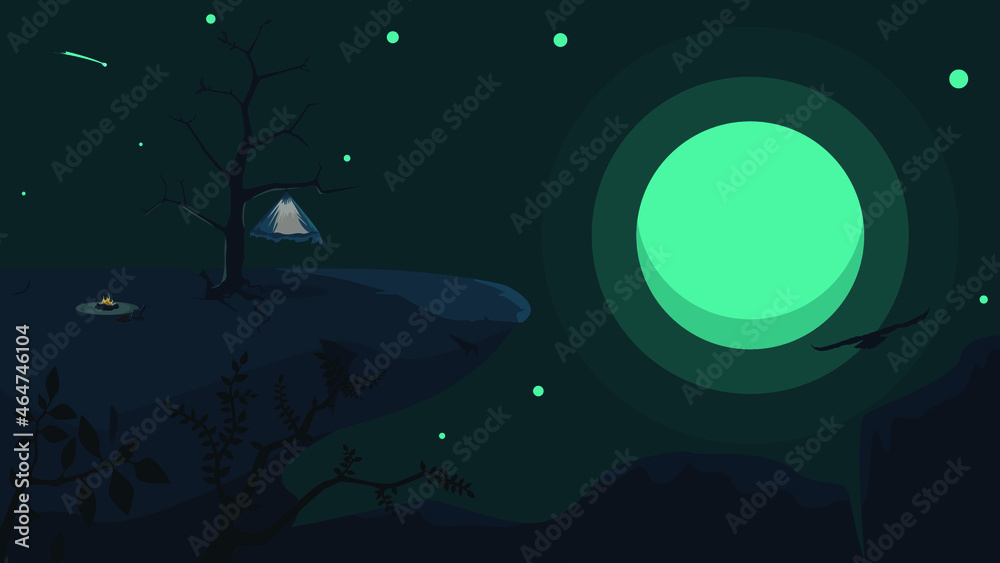 A Mountain Landscape Depicting A Campfire, A Hanging Tent On A Tree. Night, Moonlight. Sheer Cliff