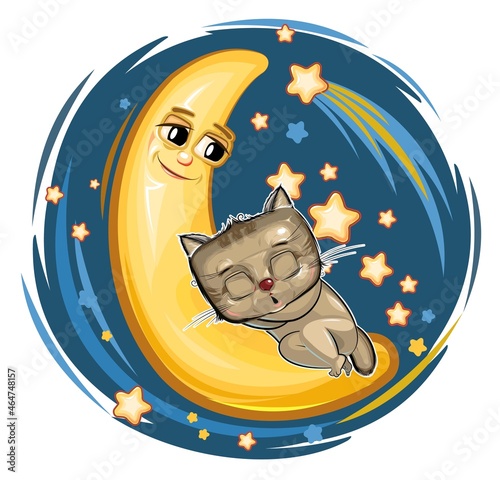 Kid Kitten sleeps on the moon. Dreaming a dream. Childrens illustration. Funny Night sky with a comet. The baby animal fell asleep. Cartoon style picture. Isolated on white background. Vector