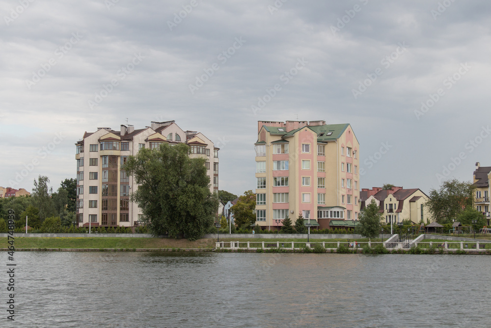 Fototapeta premium Exterior of a residential building near upper lake, Kaliningrad, Russia.