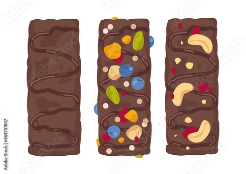 A set of chocolate granola energy bars. Funny muesli isolate.