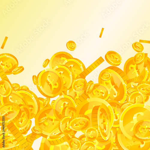 British pound coins falling. Eminent scattered GBP coins. United Kingdom money. Fantastic jackpot, wealth or success concept. Vector illustration.