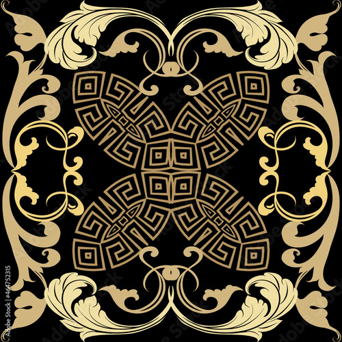 Baroque square frames gold seamless pattern. Ornamental background. Repeat luxury backdrop. Vintage Baroque style floral ornaments. Greek key, meanders. Golden flowers, leaves, shapes, borders. Tile
