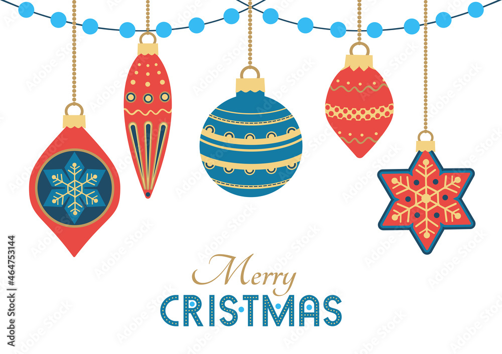 Merry Christmas fancy vector greeting typography poster. Christmas decorative balls cute cartoon design. Xmas holiday celebration decoration background. Winter seasonal festive greeting card template