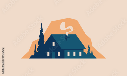 Cabin Cottage Retro Vintage Postcard Vector Illustration - Hiking Mountain Forest Nature Landscape Logo Travel Adventure