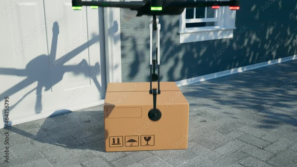 Hexacopter drone delivering packages with protective masks directly to a client.
