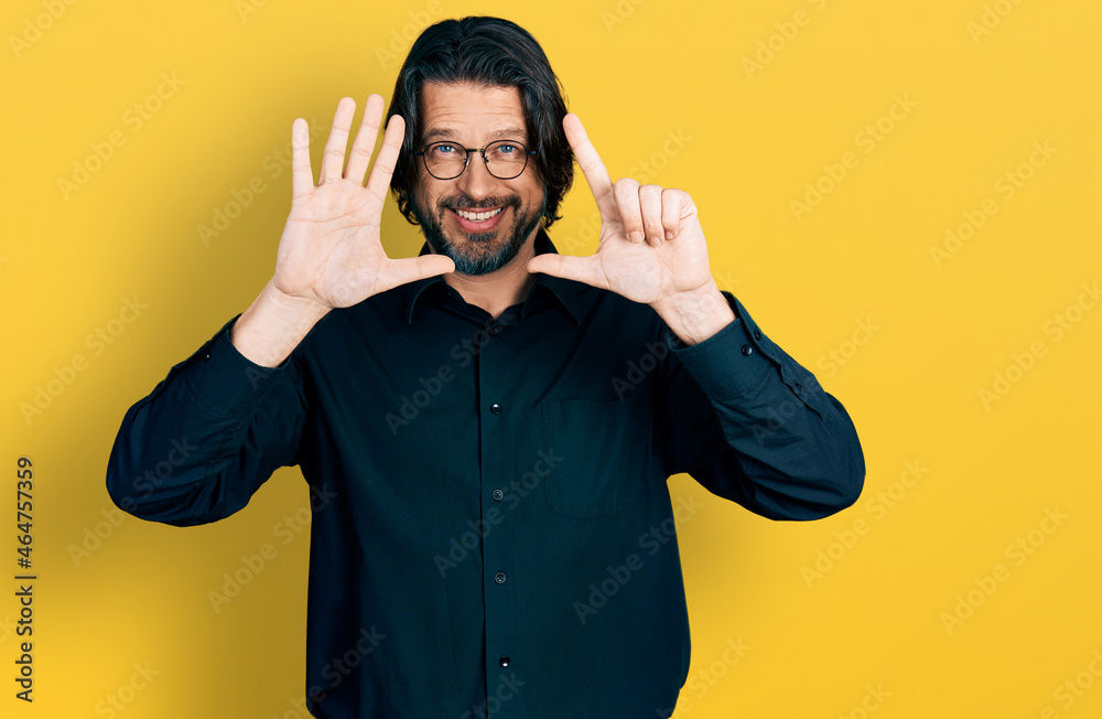 Middle age caucasian man wearing casual clothes and glasses showing and pointing up with fingers number seven while smiling confident and happy. Middle age caucasian man wearing casual clothes and glasses showing and pointing up with fingers number seven while smiling confident and happy.