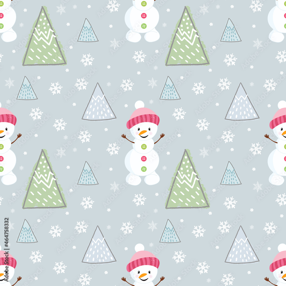 Christmas seamless pattern with snowman and snowflakes on a bright grey background for New Year, Christmas holiday, wallpaper, wrapper, background