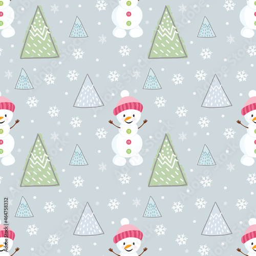Christmas seamless pattern with snowman and snowflakes on a bright grey background for New Year, Christmas holiday, wallpaper, wrapper, background © britaseifert