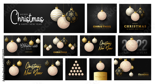 volleyball Christmas card set. Merry Christmas sport greeting card. Hang on a thread volleyball ball as a xmas ball and golden bauble on black background. Sport Vector illustration collection.