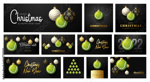tennis Christmas card set. Merry Christmas sport greeting card. Hang on a thread tennis ball as a xmas ball and golden bauble on black background. Sport Vector illustration collection.
