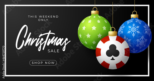 Christmas poker sale card. Merry Christmas sport greeting card. Hang on a thread casino chip as a xmas ball and bauble on horizontal background. Sport Vector illustration.