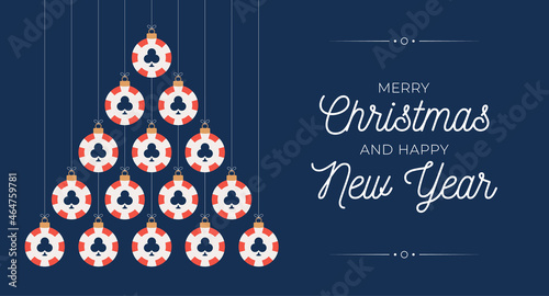 Christmas and new year greeting card casino chip bauble tree. Creative Xmas tree made by poker chip on black background for Christmas and New Year celebration. Sport greeting card
