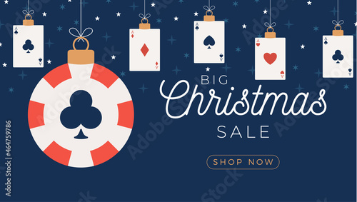 Christmas poker sale card. Merry Christmas sport greeting card. Hang on a thread casino chip as a xmas ball and bauble on horizontal background. Sport Vector illustration.