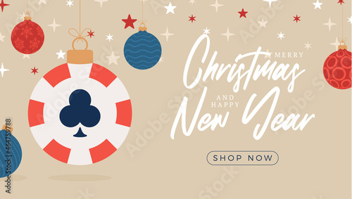 Christmas poker sale card. Merry Christmas sport greeting card. Hang on a thread casino chip as a xmas ball and bauble on horizontal background. Sport Vector illustration.