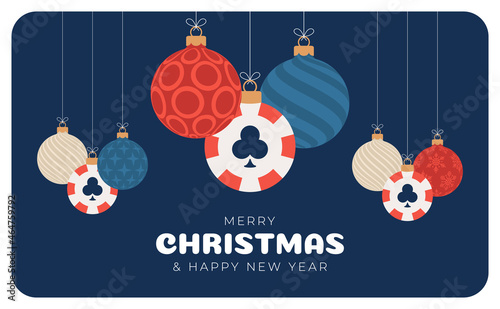 poker Christmas card. Merry Christmas sport greeting card. Hang on a thread poker chip as a xmas ball and golden bauble on black background. Sport Vector illustration.