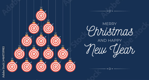 Target Dash Christmas and new year greeting card bauble tree. Creative Xmas tree made by Target Dash on black background for Christmas and New Year celebration. Sport greeting card