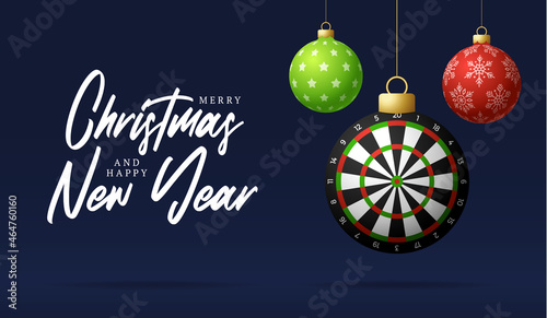 dart Christmas card. Merry Christmas sport greeting card. Hang on a thread dartboard as a xmas ball and golden bauble on black background. Sport Vector illustration.