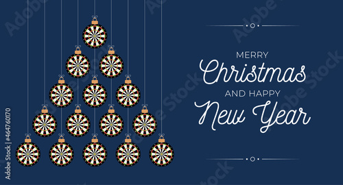 Dart Christmas and new year greeting card bauble tree. Creative Xmas tree made by dartboard on black background for Christmas and New Year celebration. Sport greeting card