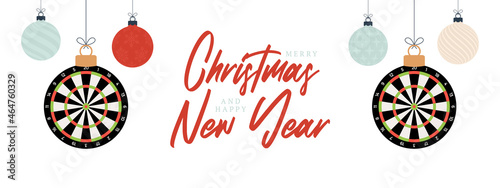 dart Christmas card. Merry Christmas sport greeting card. Hang on a thread dartboard as a xmas ball and golden bauble on black background. Sport Vector illustration.