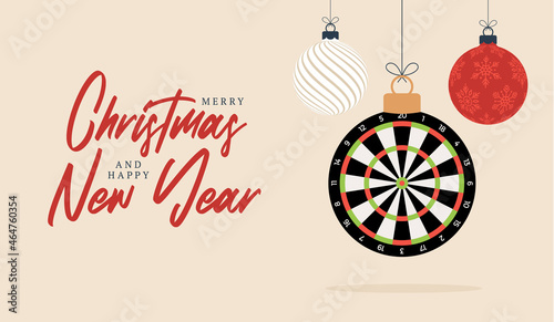 dart Christmas card. Merry Christmas sport greeting card. Hang on a thread dartboard as a xmas ball and golden bauble on black background. Sport Vector illustration.