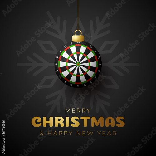 dart Christmas card. Merry Christmas sport greeting card. Hang on a thread dartboard as a xmas ball and golden bauble on black background. Sport Vector illustration.