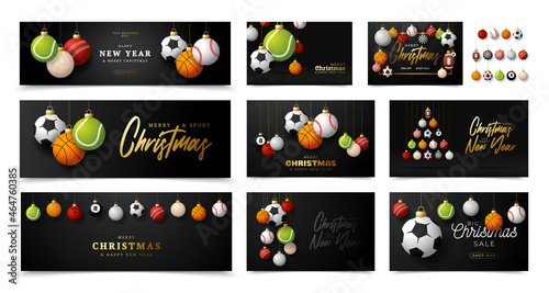Sport Christmas and Happy New Year luxury banner set. Collection of Christmas greeting card with sport ball as a xmas ball on black background. Vector illustration set