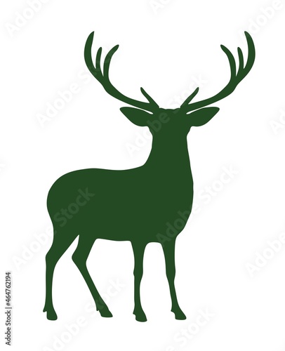 Green vector deer stag reindeer silhouette with antlers on white background.Outline stencil drawing.Merry Christmas.Winter decoration.Vinyl wall sticker decal. Cricut. Plotter Laser Cut.New Year. DIY