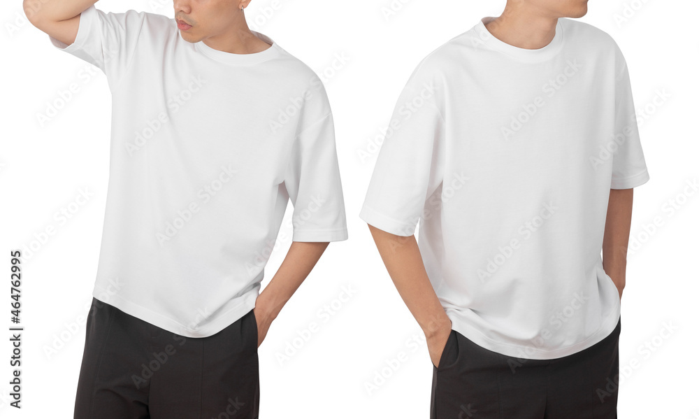 Young man in blank oversize t-shirt mockup front and back used as ...