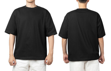 Young man in blank oversize t-shirt mockup front and back used as design template, isolated on white background with clipping path.